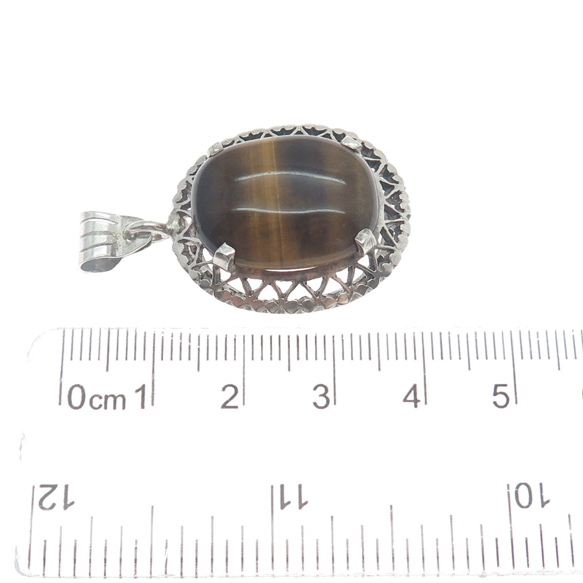 925 Sterling Silver Vintage Real Tiger Eye Gemstone Hearts Eternity Pendant