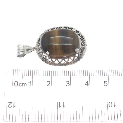 925 Sterling Silver Vintage Real Tiger Eye Gemstone Hearts Eternity Pendant