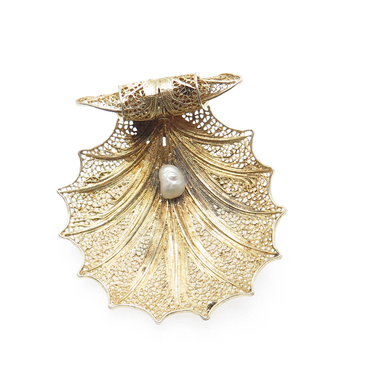 925 Sterling Gold Plated Vintage GV Portugal Real Pearl Filigree Shell Brooch