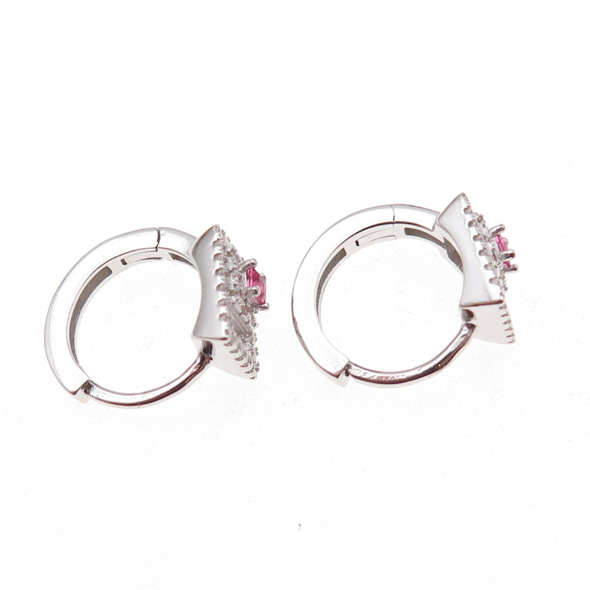 925 Sterling Silver Pink & White C Z Hoop Earrings