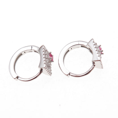 925 Sterling Silver Pink & White C Z Hoop Earrings