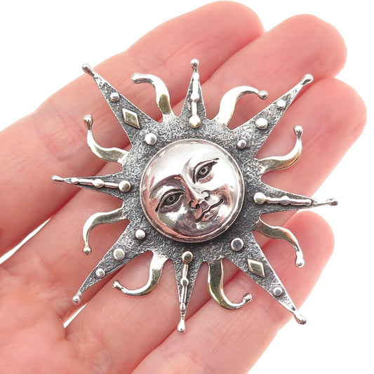 925 Sterling Silver 2-Tone Vintage Sun Face Oxidized Pin Brooch / Pendant