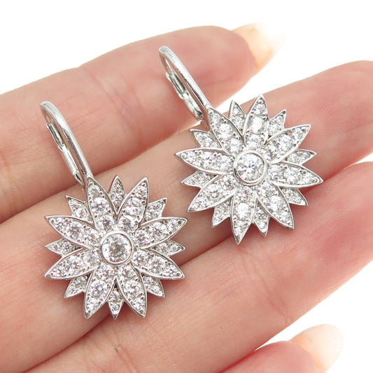 925 Sterling Silver Round-Cut Shaped C Z Floral Dangling Earrings