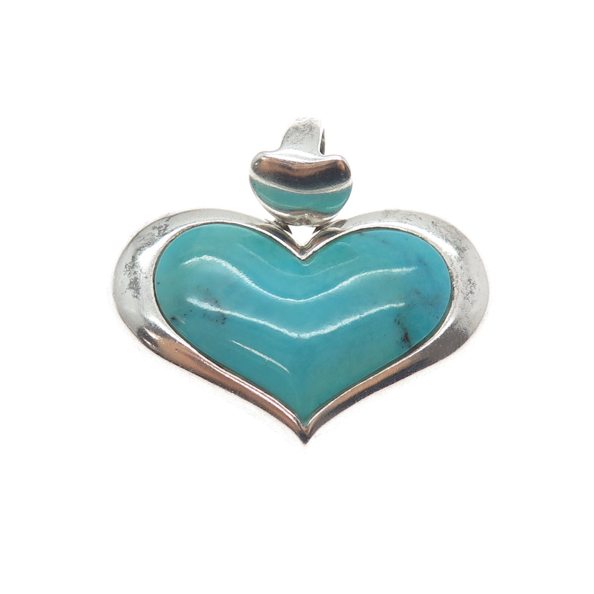 SX SALLY C 925 Sterling Silver Vintage Real Tyrone Turquoise Heart Charm Pendant