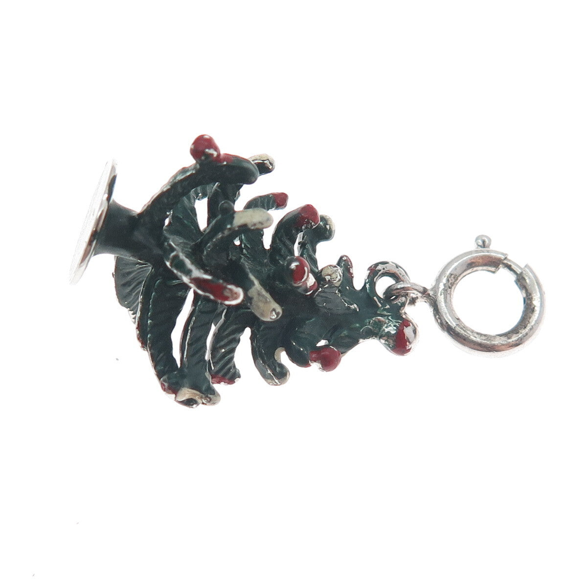 JEWELART Sterling Silver Antique Enamel Christmas Tree Spring Ring Charm Pendant