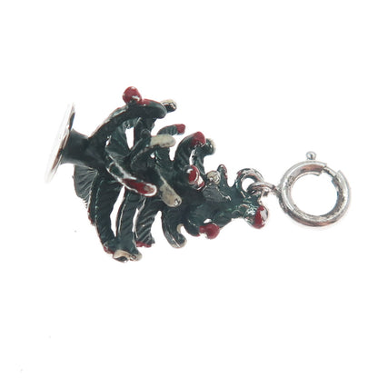 JEWELART Sterling Silver Antique Enamel Christmas Tree Spring Ring Charm Pendant