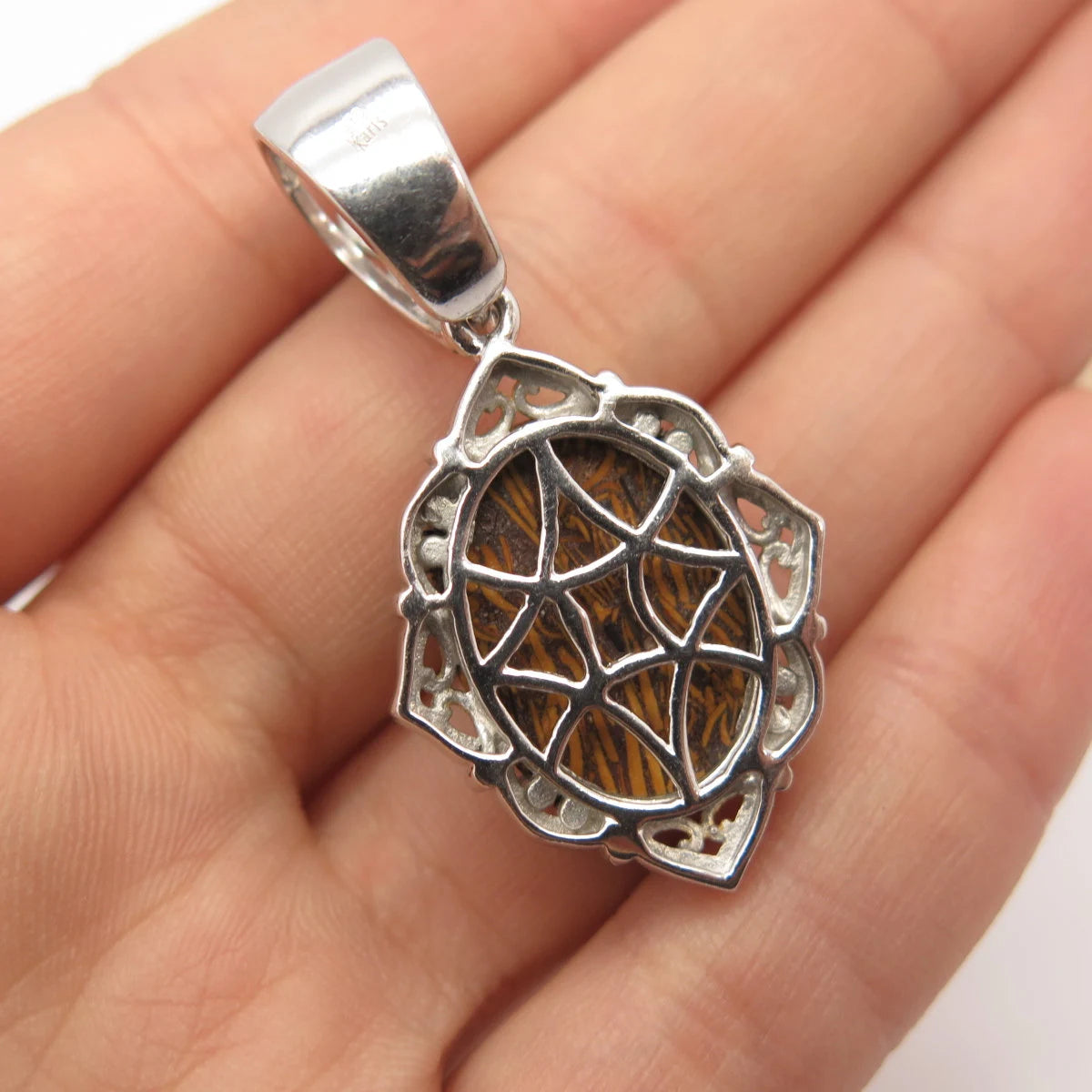 925 Sterling Silver Vintage Real Mariam Jasper Gemstone Oval Pendant
