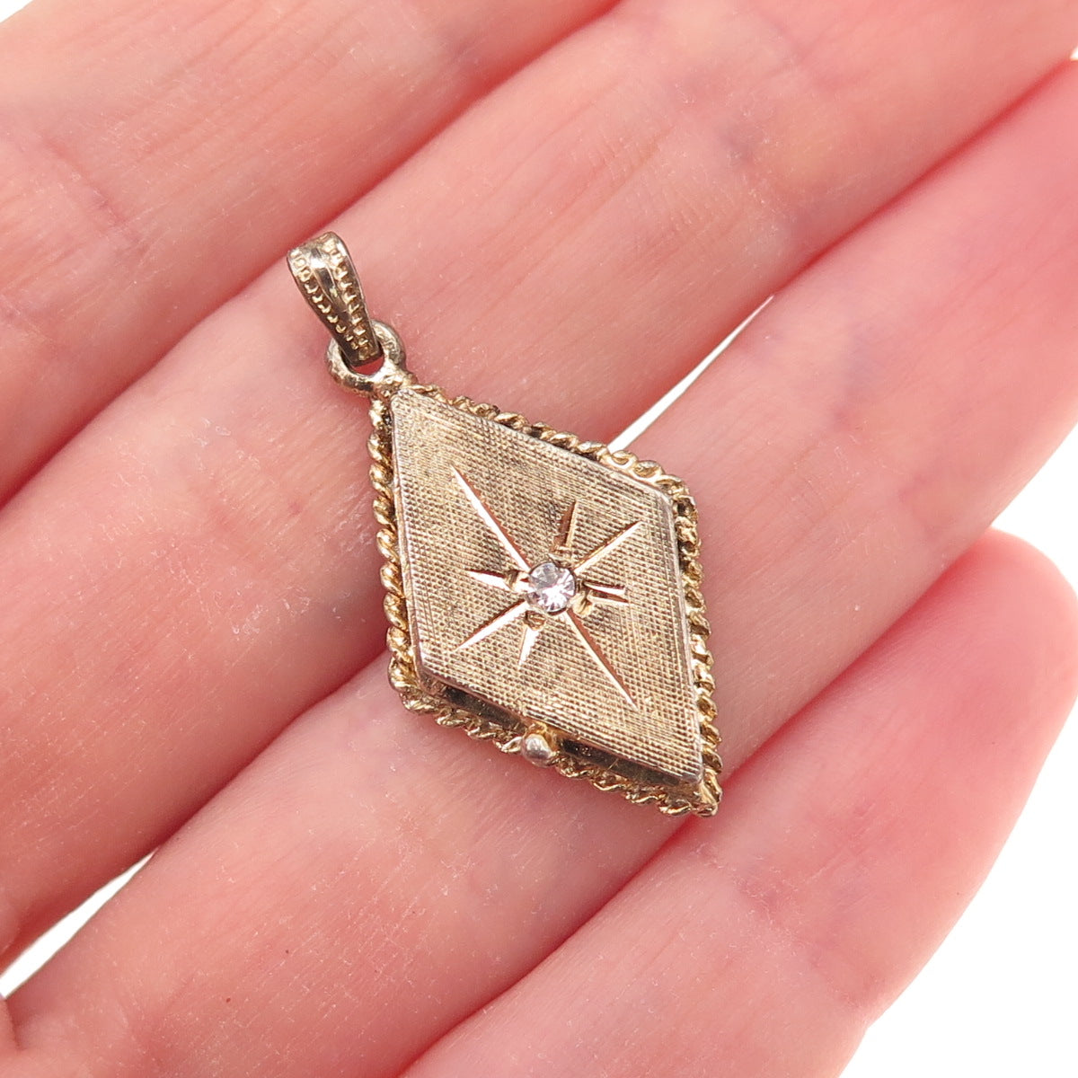 925 Sterling Silver Gold Plated Antique Art Deco Rhinestone Locket Charm Pendant