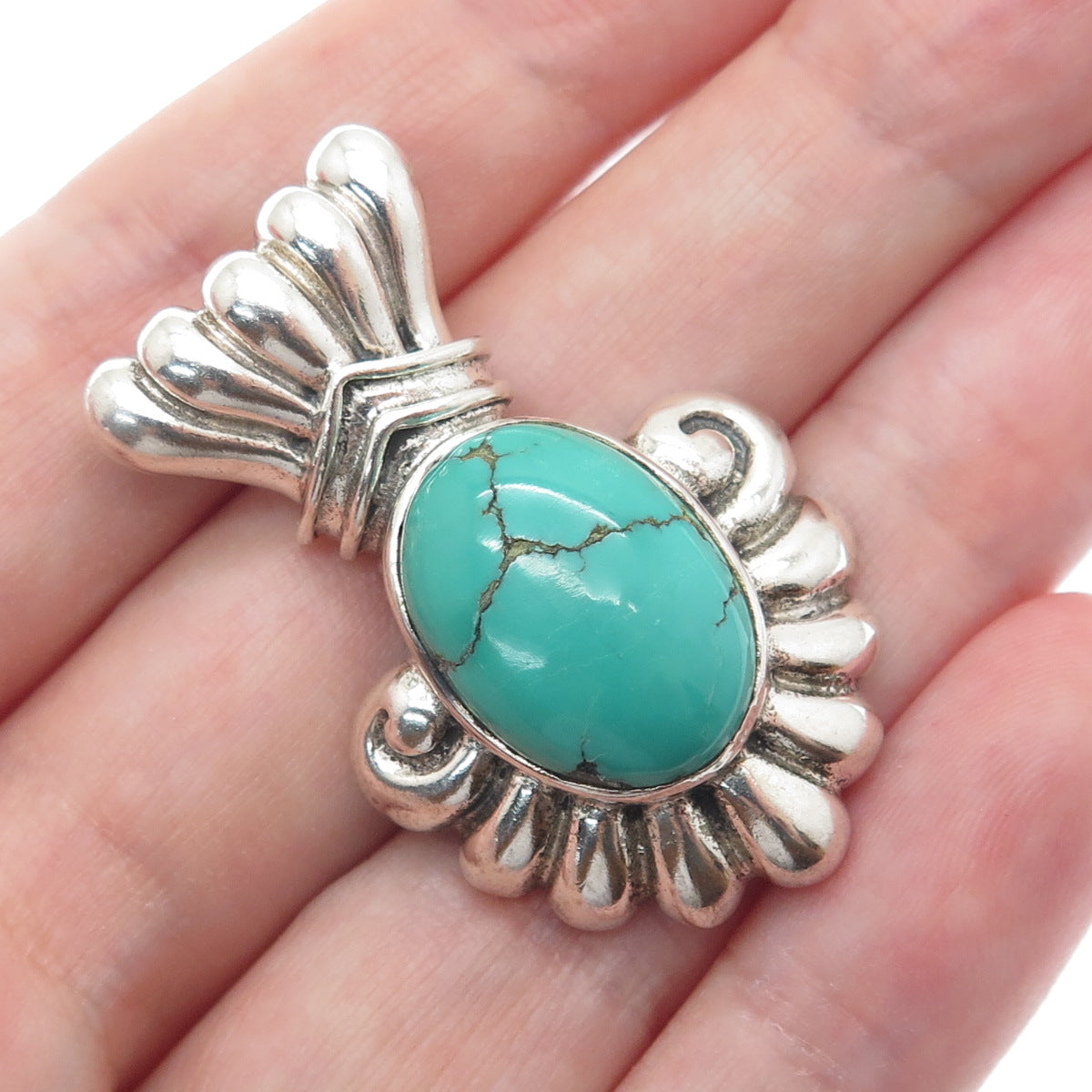 925 Sterling Silver Vintage Real Kingman Turquoise Ribbed Oxidized Slide Pendant