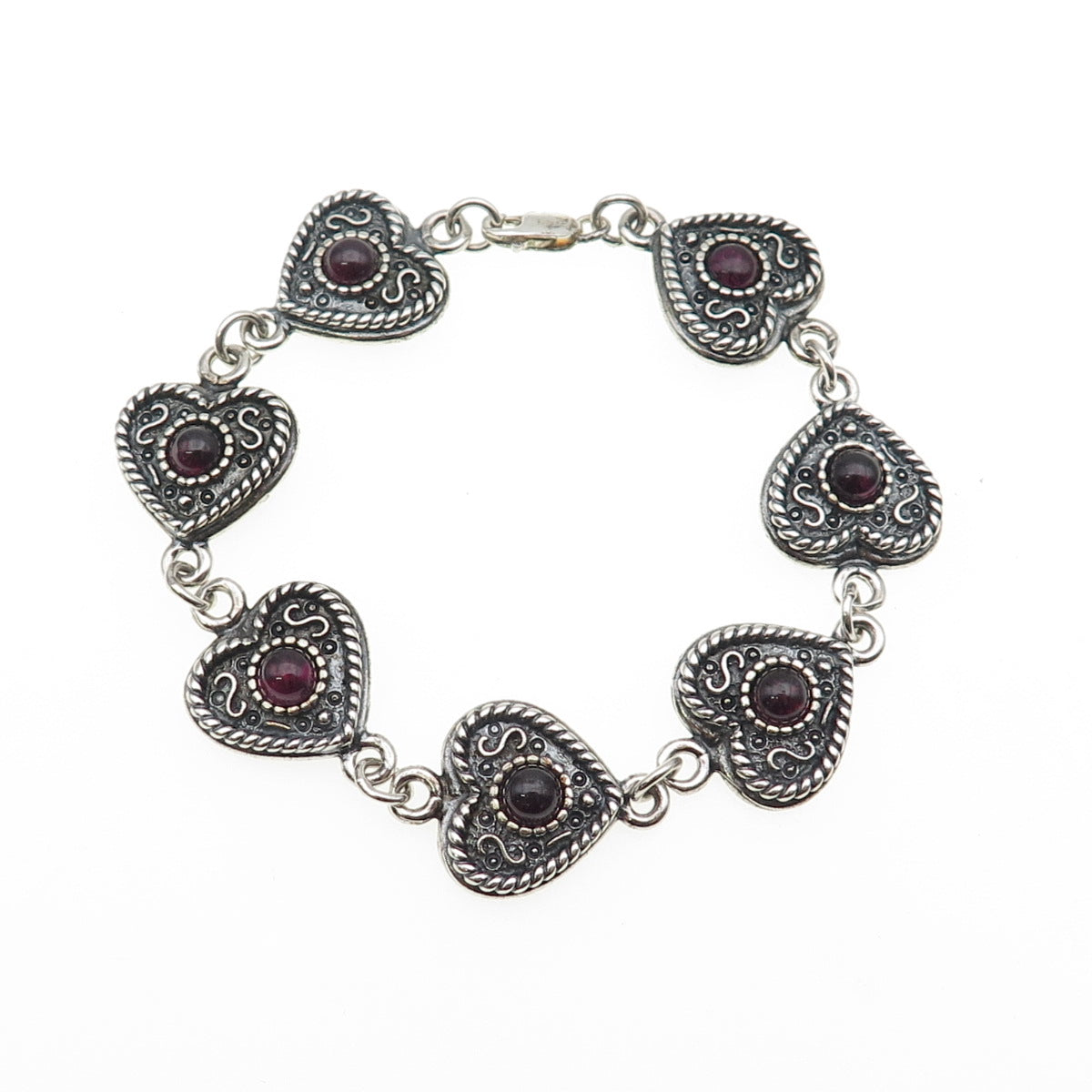 925 Sterling Silver Vintage Real Amethyst Oxidized Heart Link Bracelet 7.25"