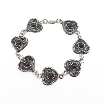 925 Sterling Silver Vintage Real Amethyst Oxidized Heart Link Bracelet 7.25"