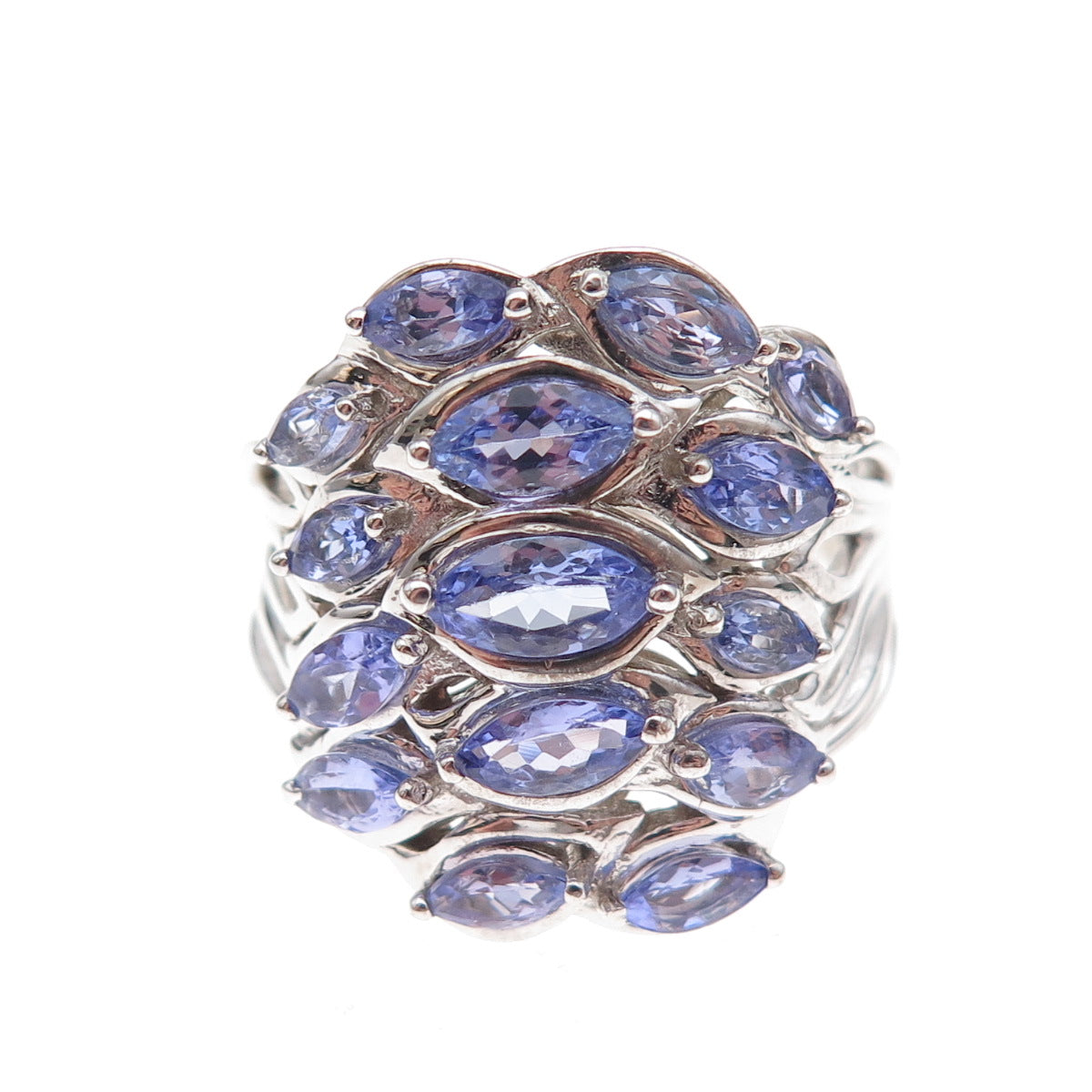 925 Sterling Silver Real Marquise-Cut Tanzanite Cluster Ring Size 8.25