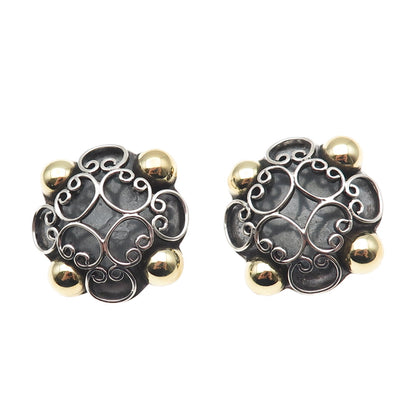 925 Sterling 2-Tone Vintage Mexico Floral Ornate Oxidized Clip On Earrings