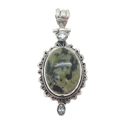 925 Sterling Silver Vintage Real Serpentine & Blue Topaz Charm Pendant