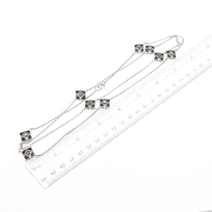 925 Sterling Silver Enamel Real Tourmaline Heart Flower Chain Necklace 32"