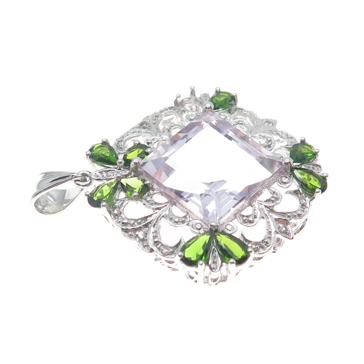 925 Sterling Silver Real Amethyst Green Tourmaline & White Topaz Pendant