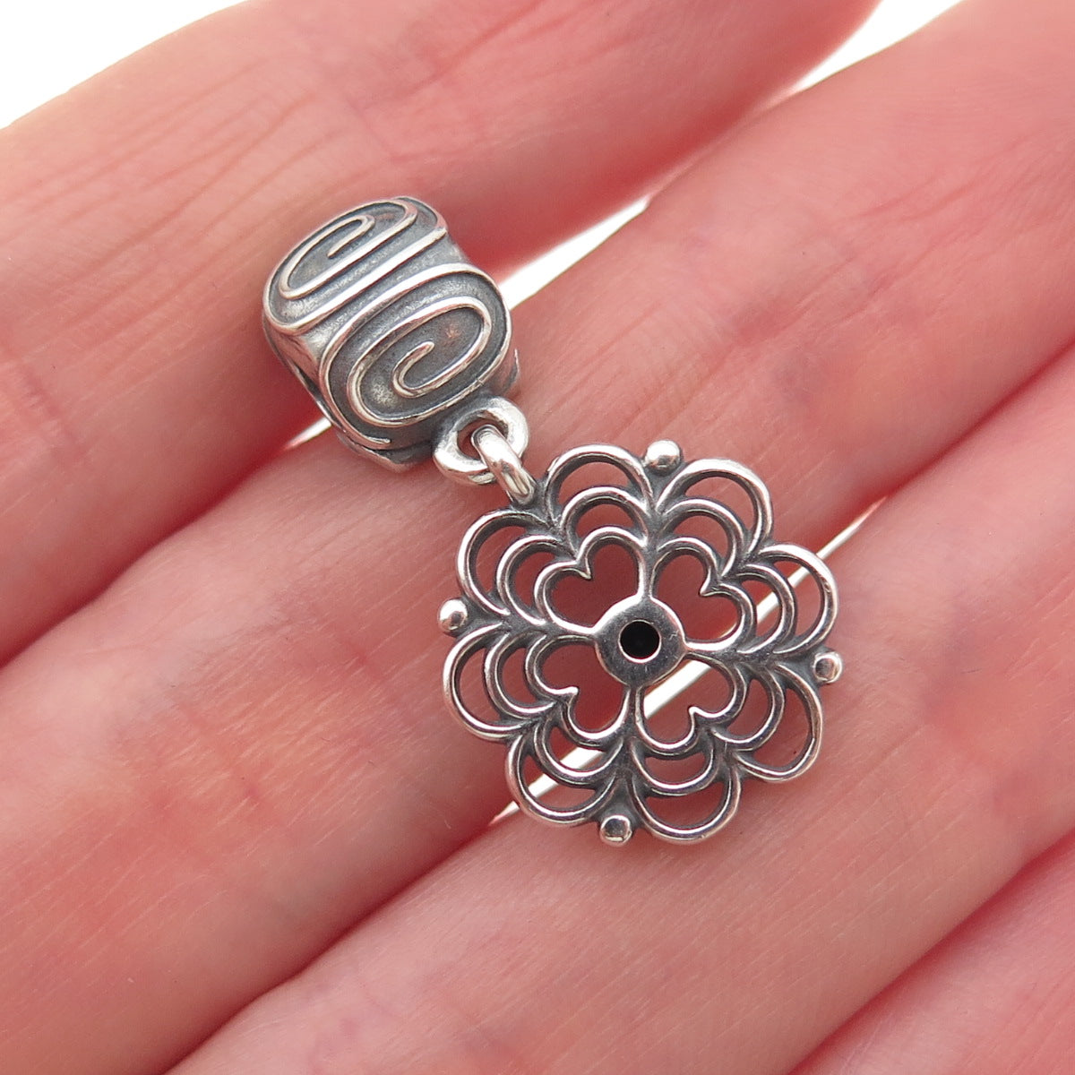 Pandora 925 Sterling Silver Round-Cut Black C Z Dogwood Dangle Clip Charm