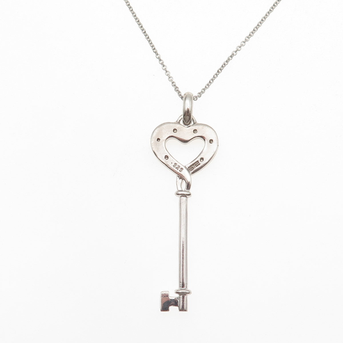 925 Sterling Silver Real Round-Cut Diamond Heart Key Cable Chain Necklace 18"
