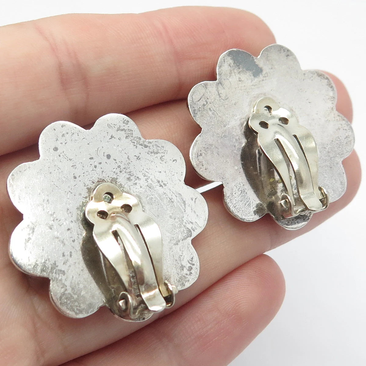 925 Sterling Silver 2-Tone Vintage Mexico Beaded Clip On Earrings