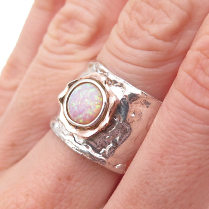 925 Sterling Silver 14K Gold Vintage Real Opal Modernist Ring Size 8