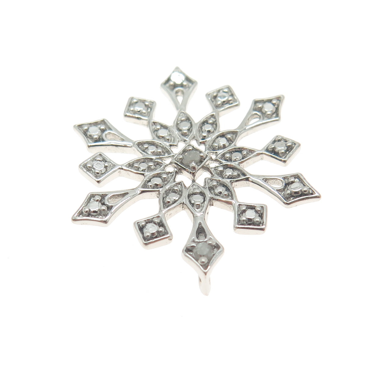 925 Sterling Silver Real Round-Cut Diamond Snowflake Pendant