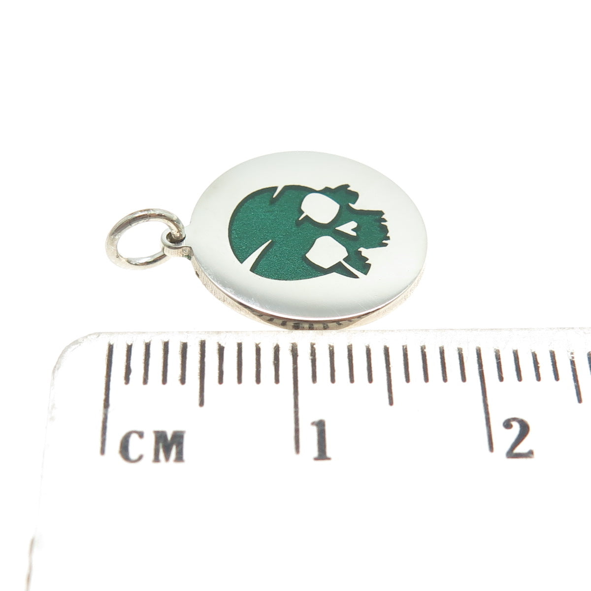 925 Sterling Silver Green Enamel Skull Round Tag Minimalist Charm Pendant