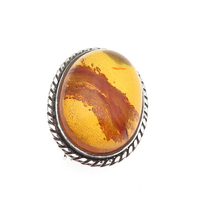 925 Sterling Silver Vintage Real Cabochon Amber Oxidized Pin Brooch