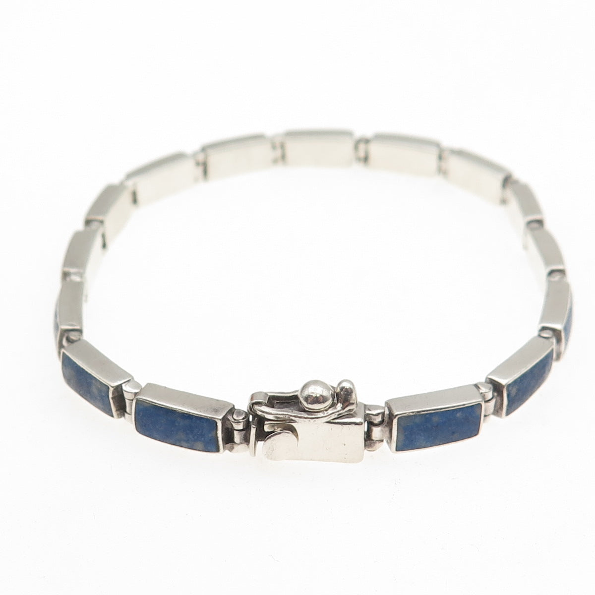 950 Silver Vintage Real Lapis Lazuli Bar Panel Link Bracelet 7"