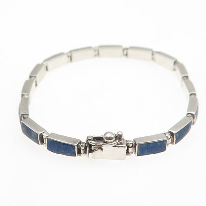 950 Silver Vintage Real Lapis Lazuli Bar Panel Link Bracelet 7"