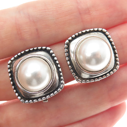 925 Sterling Silver Vintage Faux Pearl Modernist Oxidized Clip On Earrings
