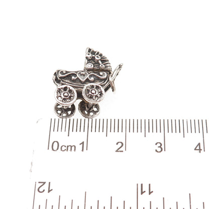 925 Sterling Silver Antique Art Deco Baby Stroller Oxidized 3D Charm Pendant