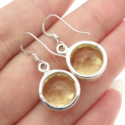 925 Sterling Silver Vintage Real Round-Cut Citrine Dangling Earrings