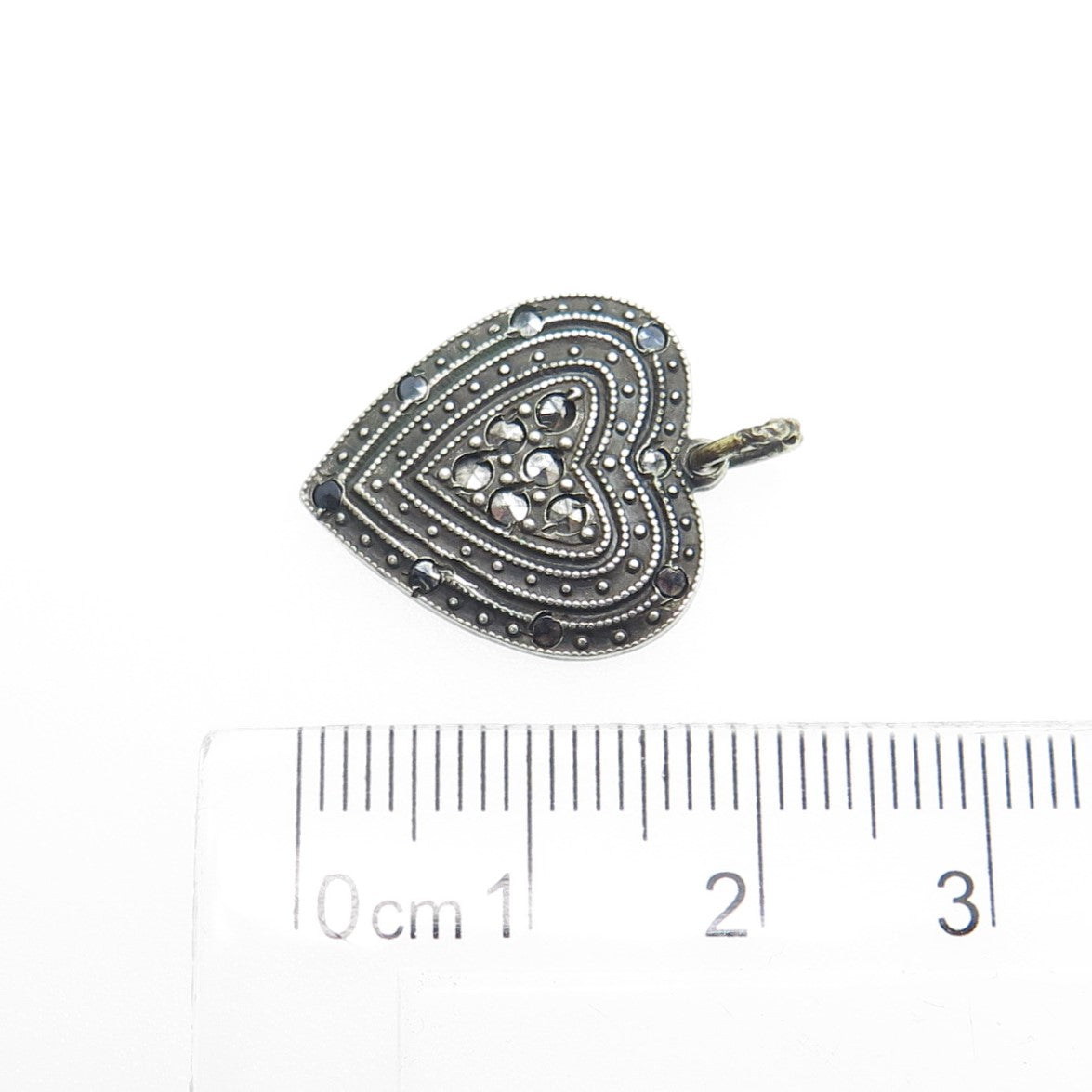 925 Sterling Silver Antique Art Deco Real Marcasite Heart Charm Pendant