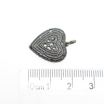 925 Sterling Silver Antique Art Deco Real Marcasite Heart Charm Pendant