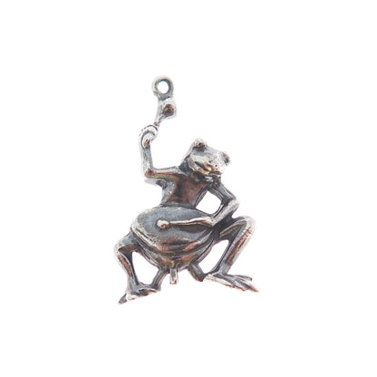 925 Sterling Silver Vintage Frog & Drum Oxidized Charm Pendant