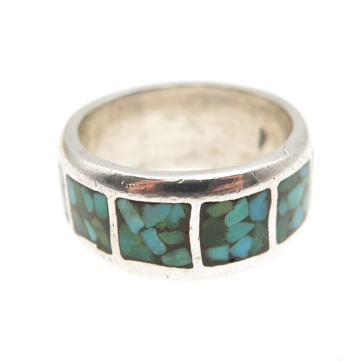 Old Pawn Sterling Silver Vintage Southwestern Turquoise Inlay Band Ring Size 6.5