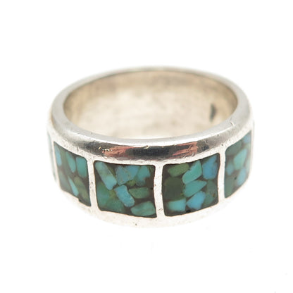 Old Pawn Sterling Silver Vintage Southwestern Turquoise Inlay Band Ring Size 6.5