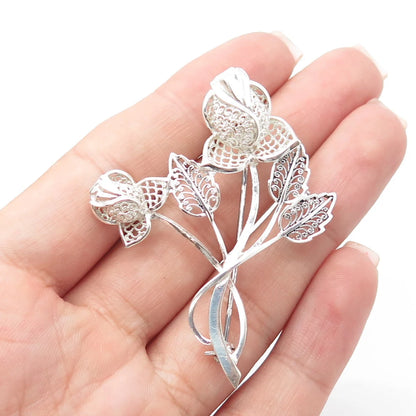 925 Sterling Silver Vintage Germany Floral Leaf Pin Brooch