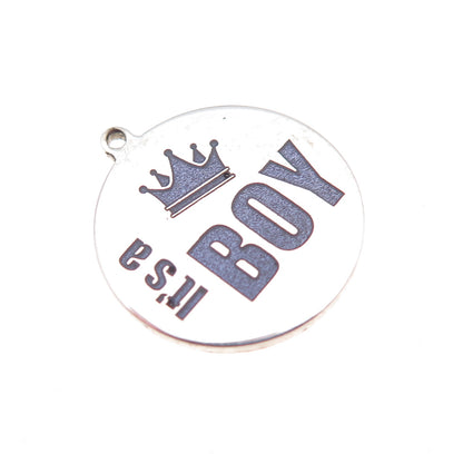 925 Sterling Silver Purple Enamel It's A Boy Round Tag Charm Pendant