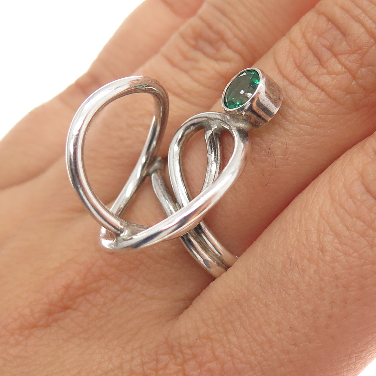 925 Sterling Silver Vintage Real Green Topaz Modernist Ring Size 8.5