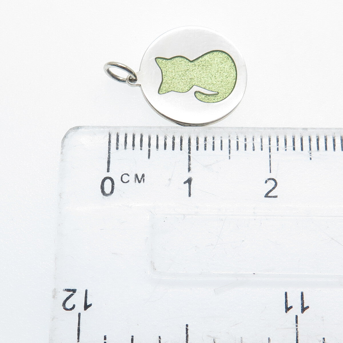 925 Sterling Silver Lime Green Enamel Cat Round Tag Minimalist Charm Pendant