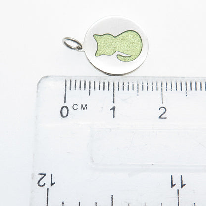 925 Sterling Silver Lime Green Enamel Cat Round Tag Minimalist Charm Pendant