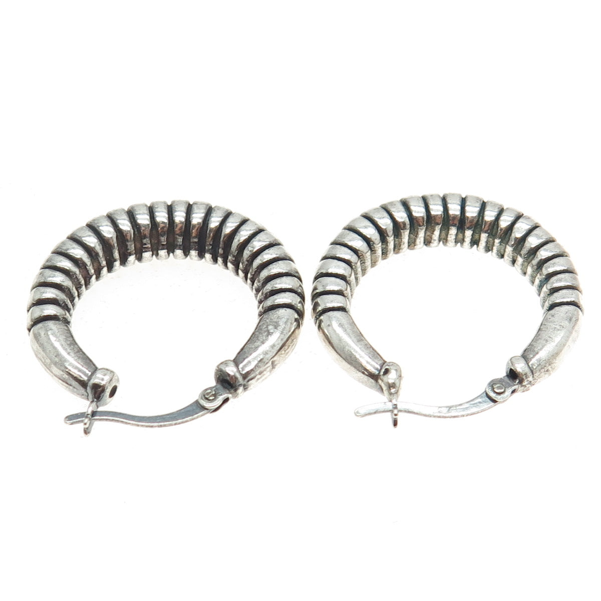 925 Sterling Silver Vintage Ribbed Oxidized Hoop Earrings