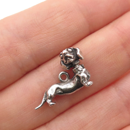 925 Sterling Silver Vintage Dachshund Oxidized Articulated Mini 3D Charm Pendant