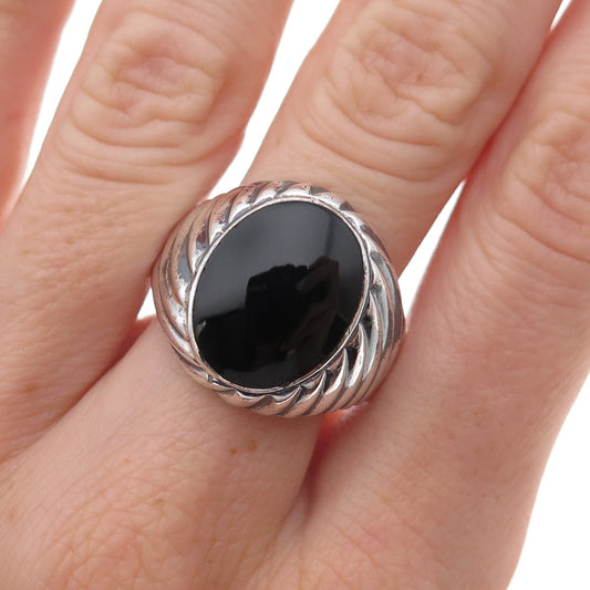 925 Sterling Silver Vintage Real Black Onyx Ribbed Oxidized Ring Size 10.5