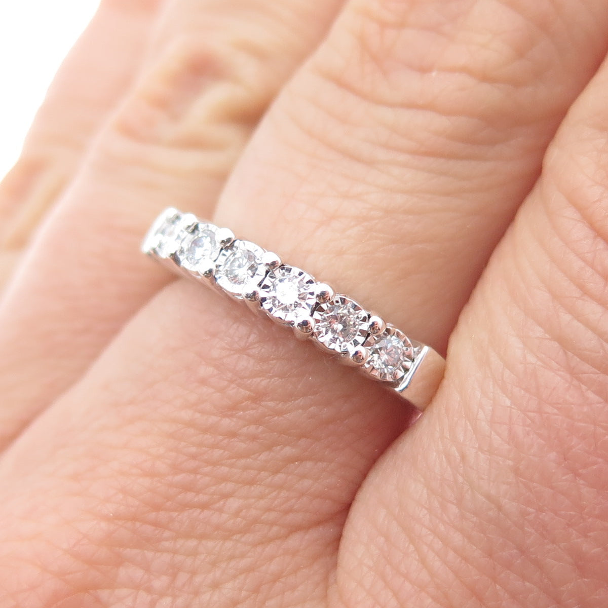 925 Sterling Silver Real Round-Cut Diamond Half Eternity Band Ring Size 7.25
