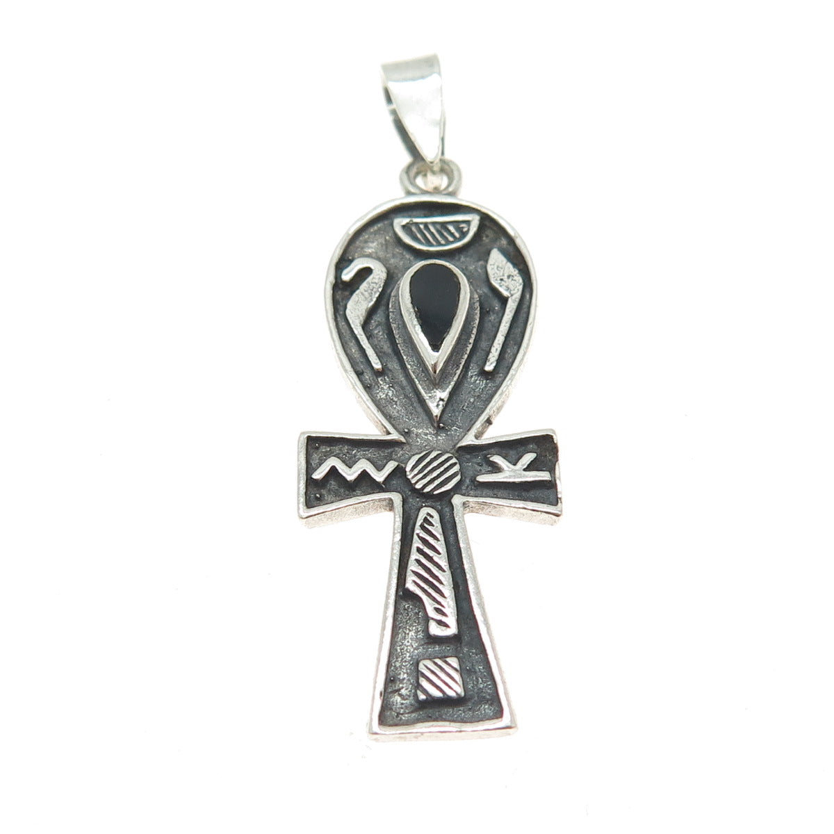 925 Sterling Silver Vintage Black Onyx Gem Egyptian Ankh Cross Pendant