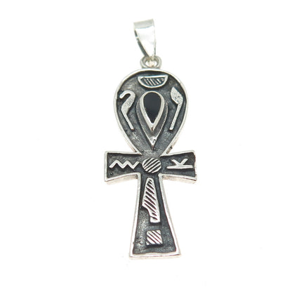 925 Sterling Silver Vintage Black Onyx Gem Egyptian Ankh Cross Pendant