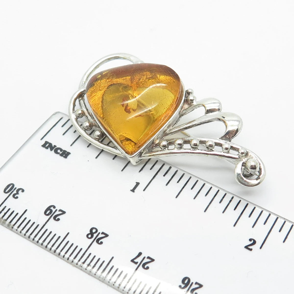 925 Sterling Silver Vintage Real Amber Beaded Heart Pin Brooch