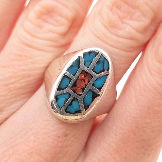 Old Pawn Sterling Silver Vintage Turquoise & Coral Inlay Tribal Ring Size 7.25